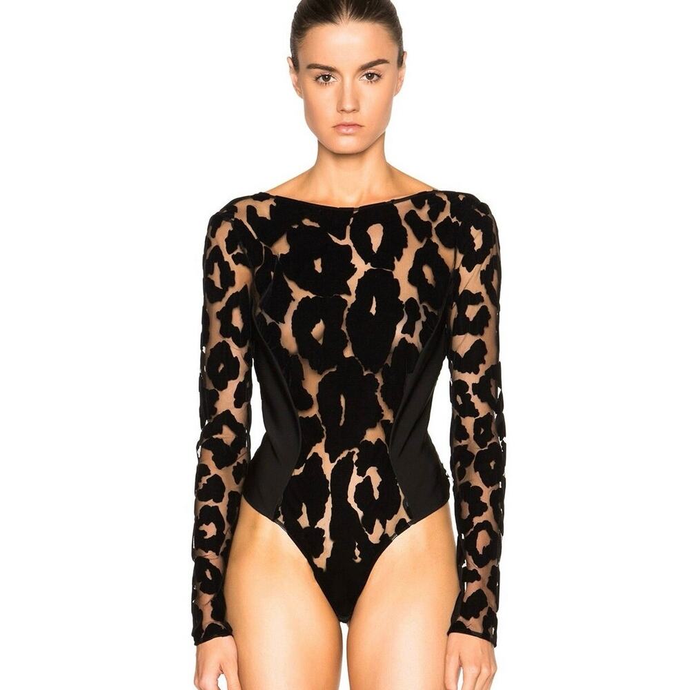 Mugler RARE Runway Leopard Velour Black Mega Milano Bodysuit Mesh Tulle 10 (42)